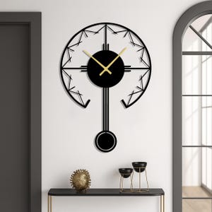 Relógio de parede moderno com pêndulo, relógio de parede minimalista em metal, relógio de metal preto, decoração de parede escandinava, relógio de parede geométrico, relógio de parede silencioso