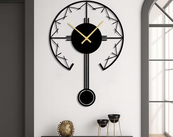 Reloj de pared de péndulo moderno, reloj de pared minimalista de metal, reloj de metal negro, decoración de pared escandinava, reloj de pared geométrico, reloj de pared silencioso