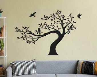 Arte de pared de metal con pájaros en una rama, decoración de arte lineal inspirada en la naturaleza, escultura de pared de metal minimalista, adorno de pared moderno para sala de estar, decoración de pared