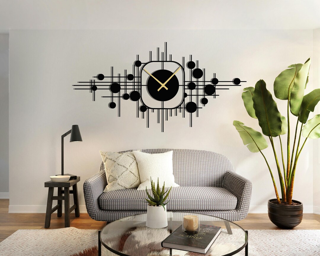 Modern Metal Wall Clock, Abstract Geometric Clock Decor, Large Black ...