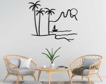 Beach Scene Metal Wall Art, Palm Tree Wall Decor, Wall Art, Tropical Metal Art, Ocean Wall Decor, Beach House Wall Art, Summer Home Décor