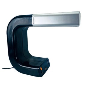 May include: A contemporary black desk lamp with a silver light head. The lamp has a curved, U-shaped design with a rectangular light head. It features a power button and USB port on the base.