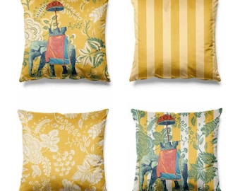 Bohemian Elephant Pillow Covers | Set of 4 |Yellow Ethnic Home Decor | Boho Cushion Covers | Soft Suede | Living Room Decor| 17x17 inch