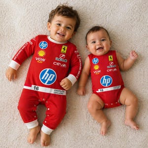 以下が含まれることがあります： 2人の赤ちゃんが、スポンサーロゴと16番の入った赤いレーシングスタイルの衣装を着ています。一人は長袖のジャンプスーツ、もう一人はノースリーブのボディスーツです。どちらの衣装にも「CHARLES LECLERC」の文字が入っています。