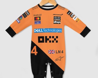 Pelele de bebé de Lando Norris McLaren, body infantil personalizado de carreras de F1 con nombre y bandera, traje de piloto de Fórmula 1, regalo de cumpleaños para bebé
