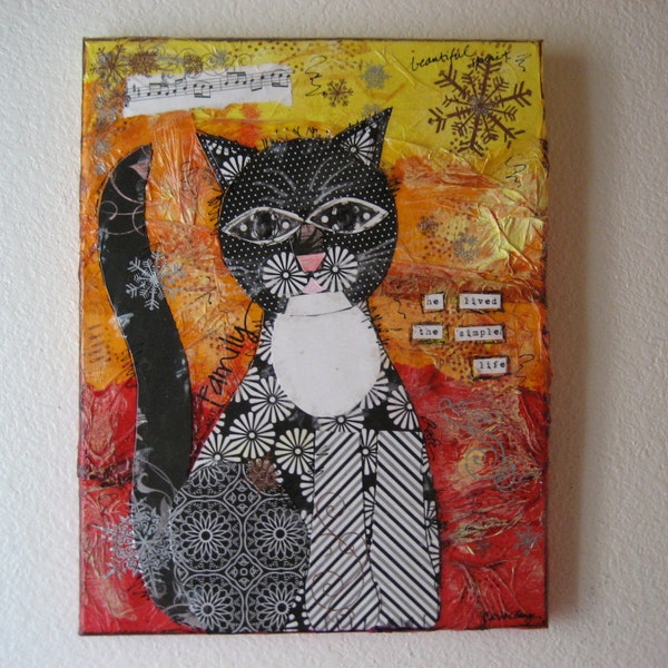 Cat Original OOAK Mixed Media Canvas | 11x14" Pet Art Collage Painting | Silver Tabby with Green Background or Tuxedo with Yellow Orange Red