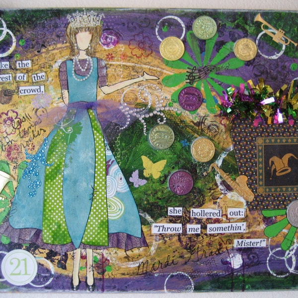 Tuesday 3/4/14 Mardi Gras Girl Art OOAK Mixed Media Original - Colorful Canvas | Purple, Green, Gold with Beads & Dubloons  Holiday Art