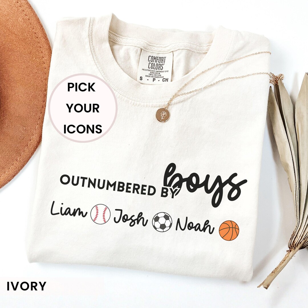Custom Kids Names Outnumbered by Boys Mama Shirt, Personalized Icons ...