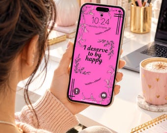 Różowa tapeta na telefon z afirmacją, ekran blokady z cytatem o miłości do siebie, kwiatowe tło na iPhone'a, cyfrowe pobieranie pozytywnego nastawienia