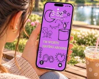 Tapeta na telefon z liliową afirmacją | Tło „Warto mieć wokół siebie” | Cyfrowe pobieranie miłości do siebie | Urocza grafika