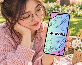 Tapeta na telefon z afirmacją "Jestem kochana", uroczy pastelowy ekran blokady z motywem miłości do siebie, estetyczne tło na iPhone'a z misiem, pobieranie cyfrowe