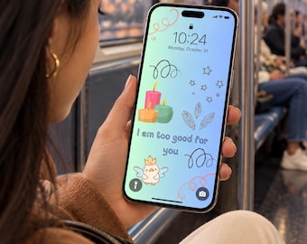 Urocza tapeta na telefon z afirmacją, Jestem dla ciebie za dobra, Pastelowy, estetyczny ekran blokady, Cytat o poczuciu własnej wartości, Tło na iPhone'a, Pobieranie cyfrowe