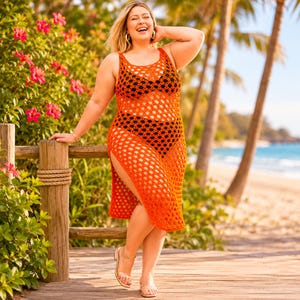 May include: A bright orange sleeveless crochet cover-up dress featuring a wide-knit mesh pattern, a scoop neckline, and high side slits. The garment is worn over a black two-piece swimsuit, showcasing a loose, open-weave texture throughout.