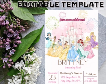 May include: A birthday party invitation featuring Disney princesses in front of a pink castle. The invitation includes the text "Join us to celebrate!" and details for the party, including the name "BRITTNEY", date, time, and RSVP information.