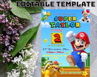 Super Mario-verjaardagsuitnodiging | Bewerkbare canva-sjabloon (digitale download)