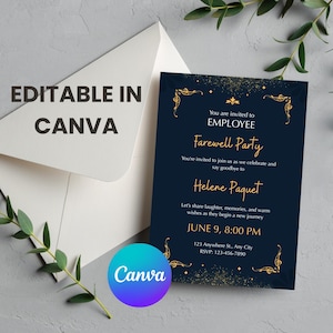 Pode incluir: Um convite para uma festa de despedida azul marinho com detalhes dourados e texto. O convite inclui o texto "Employee Farewell Party" e "Helene Paquet". O convite é editável no Canva e é acompanhado por um envelope branco.