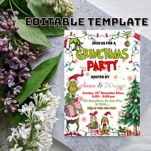 Peut inclure: Une invitation à une fête de Grinchmas avec le Grinch, un sapin de Noël et des décorations festives. L'invitation comprend le texte "Join us for a Grinchmas Party" et les détails de l'événement.