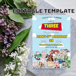 May include: An editable birthday invitation template with a blue sky background and Toy Story characters. The invitation reads "LIAM'S 3RD BIRTHDAY" with the date and time. The text "EDITABLE TEMPLATE" is at the top.
