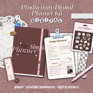 Pode incluir: Um kit de planejador digital com uma agenda marrom rotulada como the Simple Planner, uma página de planejamento diário em uma prancheta, uma folha de adesivos digitais, um marcador de página e uma caneta stylus. Inclui textos como Digital, Archive e Daily Planner.