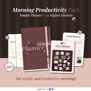 Op de afbeelding: Een digitaal productiviteitspakket met een bruine planner genaamd The Simple Planner, een vel met vijftien digitale stickers en dagelijkse en maandelijkse plannerpagina's. De set bevat diverse iconen zoals koffiekopjes, gebak en gloeilampen in bruin- en crèmetinten.