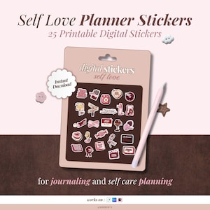 Pode incluir: Um pacote de 25 autocolantes digitais imprimíveis para o amor-próprio, em tons de castanho e rosa. Os autocolantes apresentam ícones para journaling e autocuidado. O texto diz "Self Love Planner Stickers" e "for journaling and self care planning."