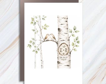 Personalized Wedding Card, Birch Tree Custom Initials Nature Theme For Couple Outdoor Ceremony WC66