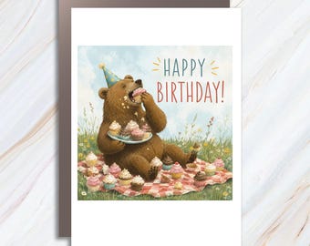 Happy Birthday! Cute Bear Birthday Card Fun Animal Greeting Card For Kids Celebration Party Cupcake BC158