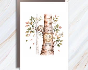 Wedding Anniversary Card Personalized Love Birds Tree Initials Romantic Couple Keepsake C1749