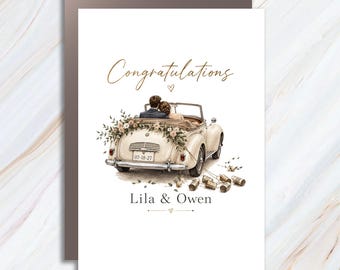 Congratulations Wedding Card Vintage Car Couple Just Married Newlyweds Romantic Greeting Card For Bride And Groom WC82