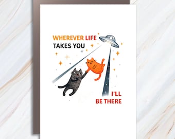 Tarjeta de felicitación de gato OVNI para aniversarios, amigos y San Valentín con mensaje en lámina dorada VC27