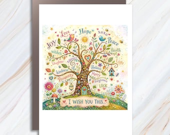 I Wish You This, Inspirational Everyday Card Colorful Tree Positive Words Love Joy Peace Hope Greeting Card WC54