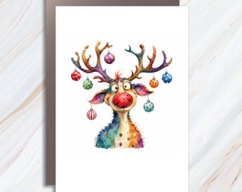 Colorful Reindeer Christmas Card Cute Holiday Greeting Card For Kids Family Fun Festive Animal Art Christmas Card C1510