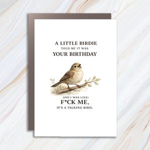 Puede incluir: Tarjeta de felicitación de cumpleaños con borde marrón. La tarjeta presenta el texto "A LITTLE BIRDIE TOLD ME IT WAS YOUR BIRTHDAY" y "AND I WAS LIKE: F*CK ME, IT'S A TALKING BIRD." Un pequeño pájaro está posado en una rama.