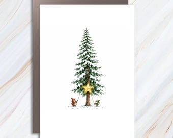 Christmas Tree Card Cute Animal Holiday Greeting Card Winter Scene With Star For Family Friends Festive Christmas Card C1664