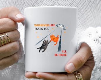 Tazas de gato OVNI para aniversarios, amigos y San Valentín con mensaje dorado VM27