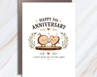 Happy 5th Anniversary I Wood Marry You All Over Again Cute 5 Year Anniversary Card Wood Anniversary Pun Card For Couple AC118