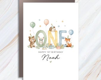 Personalized 1st Birthday Card Boy | Custom Name First Birthday Card | Woodland Animal Birthday Card | One Birthday Card BC139