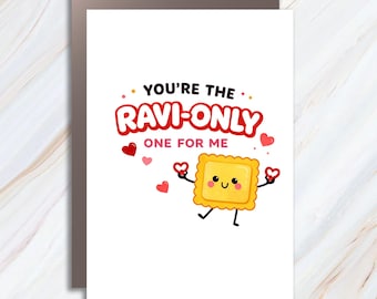 Lustige Ravioli Food Pun Valentinstag Grußkarte mit niedlichen Cartoon und Herzen VC103