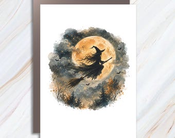 Witch Flying Halloween Card Full Moon Scene Spooky Greeting Card For Halloween Lovers Witchcraft Art Card C931