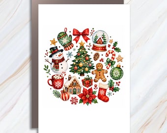 Christmas Collage Greeting Card Snowman Tree Ornaments Holiday Card Festive Winter Scene For Family Friends Cute C1830