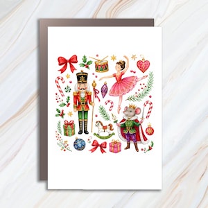 May include: A greeting card featuring a watercolor illustration of Nutcracker-themed elements including a soldier, a ballerina in a pink tutu, a mouse king, a rocking horse, candy canes, gift boxes, red bows, holly, and various Christmas ornaments.