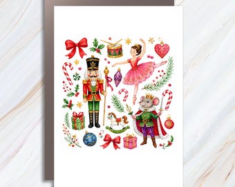 Nutcracker And Ballerina Christmas Greeting Card Holiday Ballet Theme Festive Card For Dance Lovers Cute Seasonal Card C1281