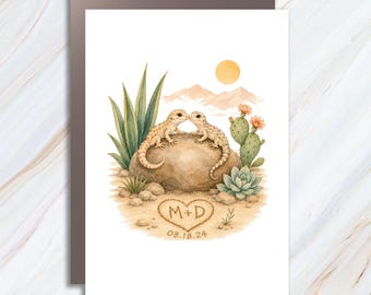 Custom Wedding Anniversary Card Cute Lizard Couple Desert Scene Personalized Date Love Card For Couple WC100