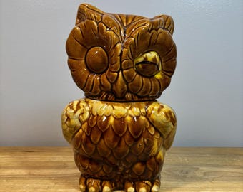 Vintage 10” Brown Winking Owl Cookie Jar