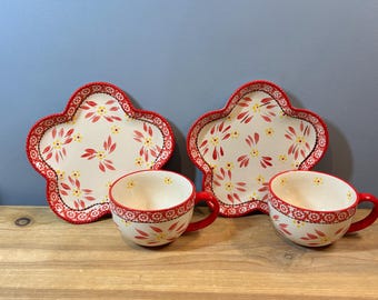 Temp-tations By Tara Old World Red Floral Soup Cup and Sandwich Plate set