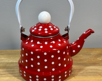 Longfel red and white polkadot enamel metal tea kettle/teapot