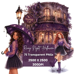 Pode incluir: Ilustração digital de duas figuras com roupas roxas e pretas em frente a um edifício Moonlight Café com flores roxas. Uma figura segura um guarda-chuva roxo com padrões de fantasmas. Texto: Rainy Night Halloween 75 Transparent PNGs 2500 X 2500 300DPI.