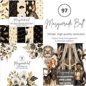 Pode incluir: Pacote de arte digital com tema de baile de máscaras. Inclui padrões contínuos, arranjos florais e cliparts. A paleta de cores apresenta preto, dourado e creme. O texto na imagem diz "Masquerade Ball" e "High quality resolution".