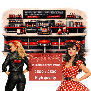 Pode incluir: Ilustração digital de uma cena de restaurante retro com um esquema de cores vermelho e preto. A imagem inclui uma jukebox, bancos e duas mulheres em trajes rockabilly. O texto na imagem diz "Cherry Red Rockabilly", "82 PNGs transparentes", "2500 x 2500" e "Alta qualidade".