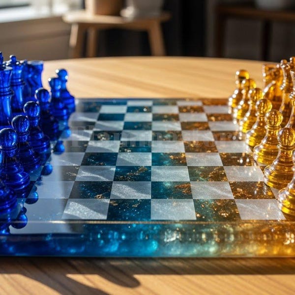 Royal Blue & Gold Epoxy Resin Chess Set | Handmade Glitter Chessboard | Luxury Resin Chess Game | Modern Decorative Chess Set